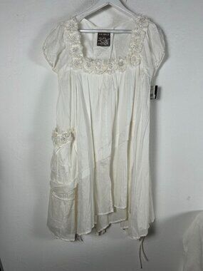 Animale Women White Floral Applique Babydoll Dress 12 Short Sleeve Boho New $182